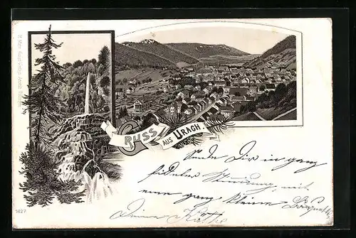 Lithographie Urach, Ortsansicht mit Bergen, Wasserfall