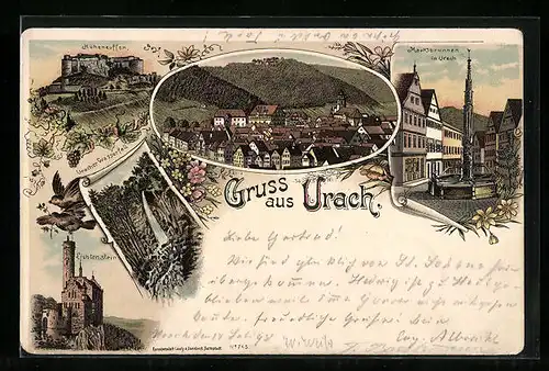 Lithographie Urach, Marktbrunnen, Hoheneuffen, Lichtenstein