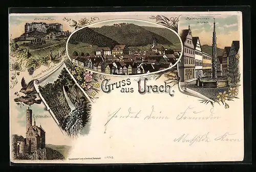 Vorläufer-Lithographie Urach, Hoheneuffen, Uracher Wasserfall, Marktbrunnen, 1893