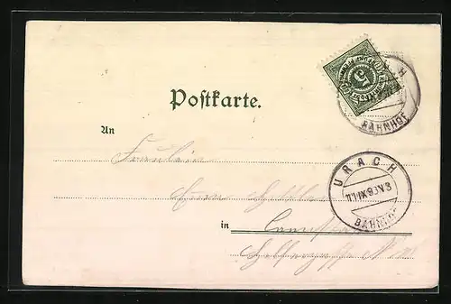 Vorläufer-Lithographie Urach, Hoheneuffen, Uracher Wasserfall, Marktbrunnen, 1893
