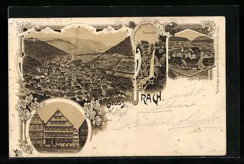Lithographie Urach, Gasthaus zur Krone, Wasserfall, Schloss u. Bahnhof