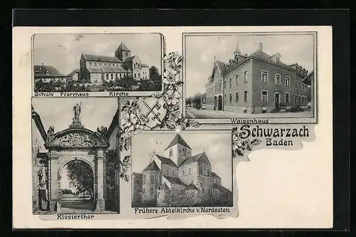 AK Schwarzach /Baden, Waisenhaus, Klosterthor, Frühere Abteikirche v. Nordosten