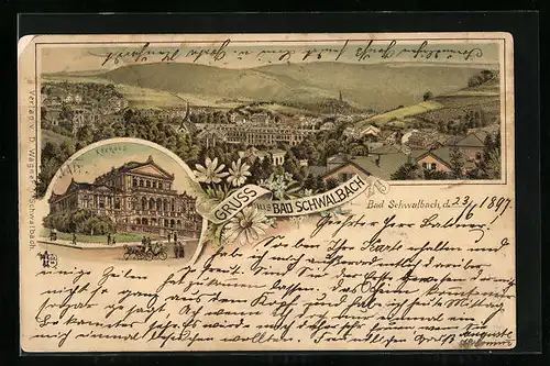Lithographie Bad Schwalbach, Ortsansicht mit Bergen und Kurhaus