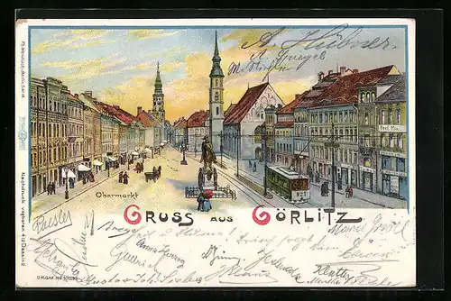 Lithographie Görlitz, Obermarkt mit Strassenbahn und Denkmal