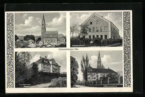 AK Geisenhausen /Nb., Knabenschule, Krankenhaus, Mädchenschule