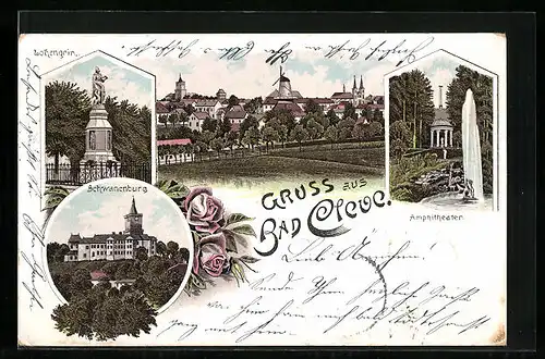 Vorläufer-Lithographie Bad Cleve, Schwanenburg, Lohengrin, Amphitheater, 1895