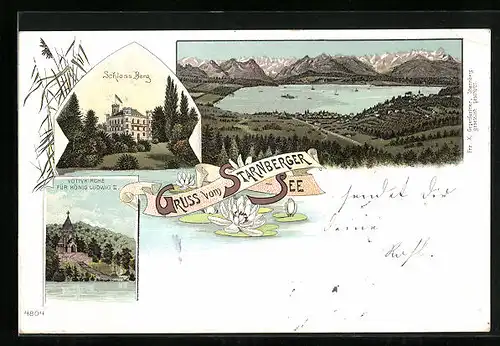 Lithographie Berg / Starnberger See, Schloss Berg, Votivkirche, See mit Umland