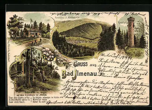 Lithographie Bad Ilmenau, Panorama v. d. Marienquelle, Kickelhahn, Gabelbachhaus