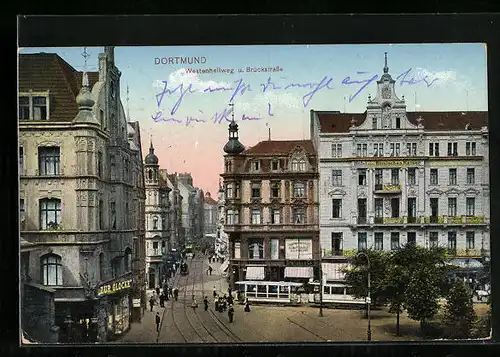 AK Dortmund, Westenhellweg u. Brückstrasse, Strassenbahn