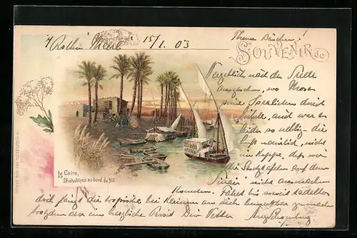 Lithographie Caire, Dhahabiyes au bord du Nil