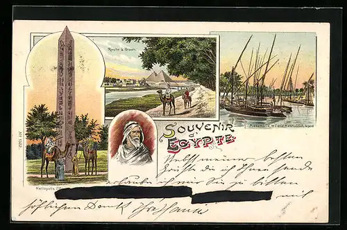 Lithographie Heliopolis, Route a Gizeh, Obelisk mit Hieroglyphen