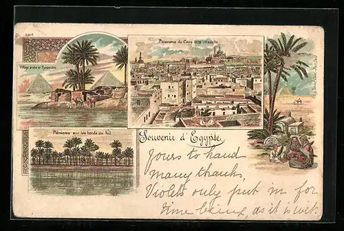 Lithographie Caire, Gesamtansicht, Village arabe et Pyramides, Palmiers sur les bords du Nil