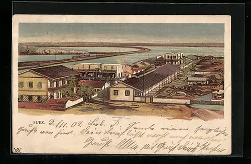 Lithographie Suez, Gesamtansicht mit Kanal und Eisenbahn