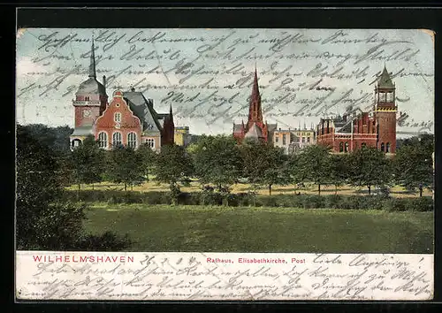 AK Wilhelmshaven, Grünanlagen vor dem Rathaus, der Elisabethkirche und der Post