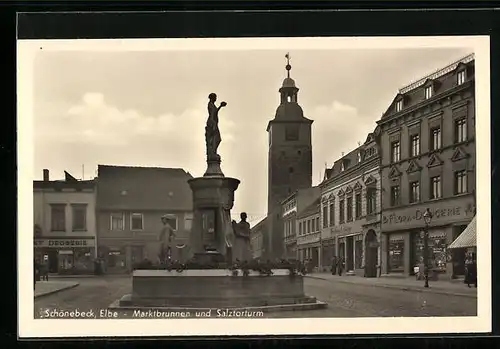 AK Schönebeck /Elbe, Marktbrunnen und Salztorturm mit Flora-Drogerie