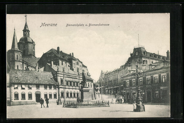 AK Meerane i Sa Gasthaus zum Gambrinus Geschäfte am Bismarckplatz mit Bismarckstrasse und