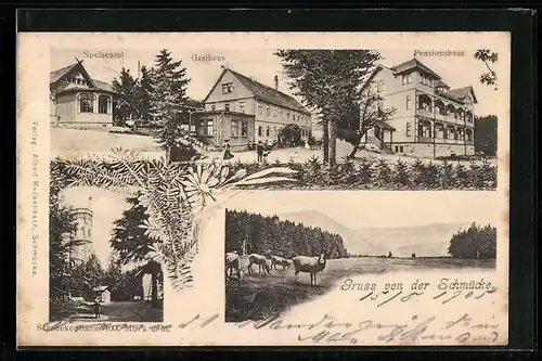 AK Schmücke, Gasthaus, Pensionshaus, Speisesaal, Schneekopfturm