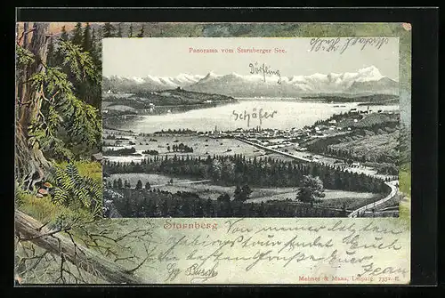 AK Starnberg, Panorama vom Starnberger See, Passepartout