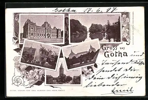 AK Gotha, Post, Fontaine, Schloss Friedenstein