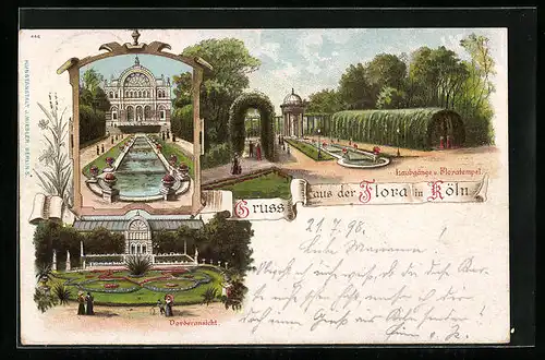 Lithographie Köln-Riehl, Laubgänge u. Floratempel, Grünanlagen der Flora