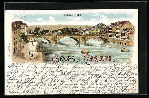 Lithographie Cassel, Partie an der Fuldabrücke