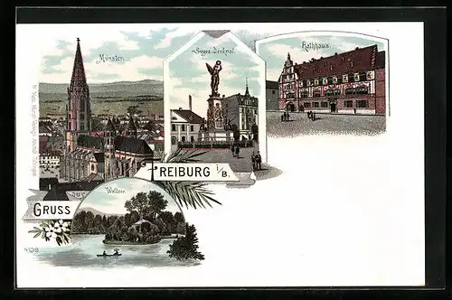 Lithographie Freiburg i. B., Münster, Sieges-Denkmal, Rathhaus