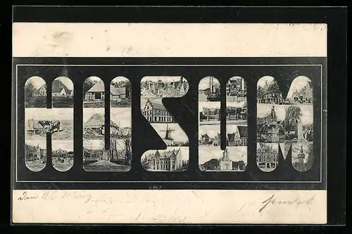 AK Husum, verschiedene Ortsansichten im Schriftzug