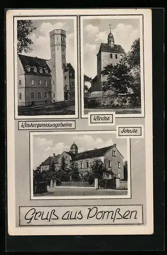 AK Pomssen, Ansichten Kirche, Schule, Kindergensesungsheim