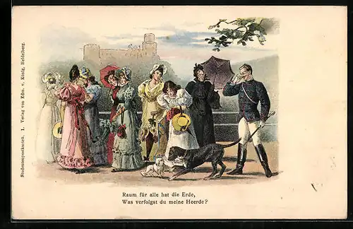 Lithographie Student mit Hund und Damengruppe mit Hündchen