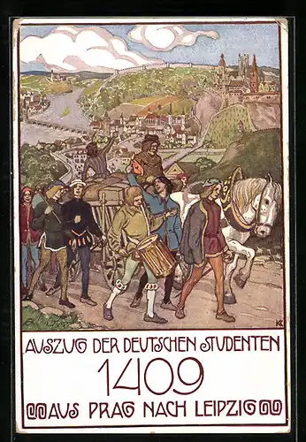 AK Auszug der deutschen Studenten aus Prag nach Leipzig im Jahre 1409