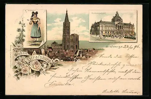 Lithographie Strassburg, Teilansicht, Kaiserpalast, Elsässerin