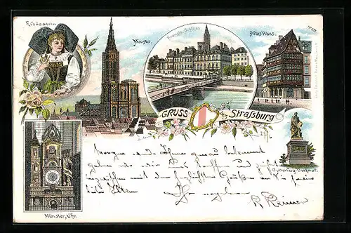 Lithographie Strassburg, Münster, Altes Haus, Elsässserin, Wappen