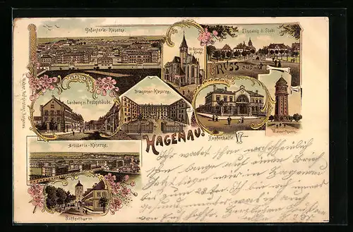 Lithographie Hagenau, Infanterie-Kaserne, Eingang der Stadt, Hopfenhalle