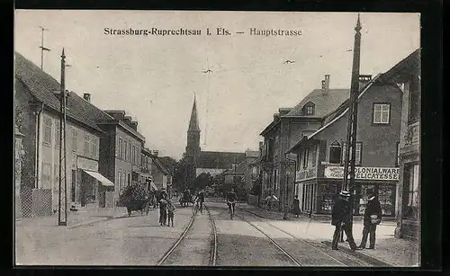 AK Strassburg-Ruprechtsau, Hauptstrasse mit Passanten und Kirche