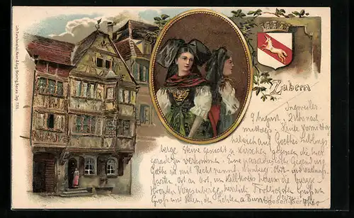 Lithographie Zabern, Altes Haus, Trachten, Wappen