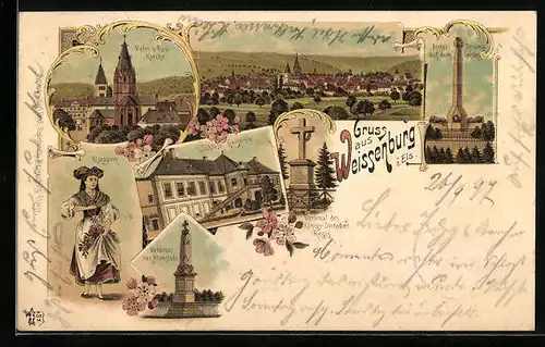Lithographie Weissenburg, Gesamtansicht, Elsässerin, Peter und Paul-Kirche