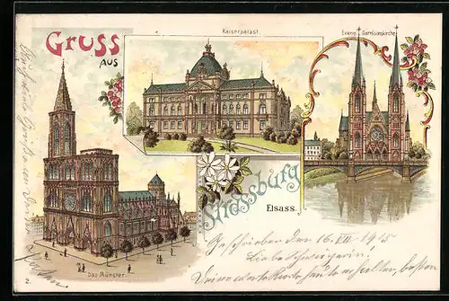 Lithographie Strassburg, Kaiserpalast, Münster, Garnisonskirche