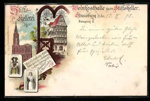 Lithographie Strassburg, Gasthaus Weinkosthalle zum Stiftskeller am Domplatzt 2, Dom, Trachten