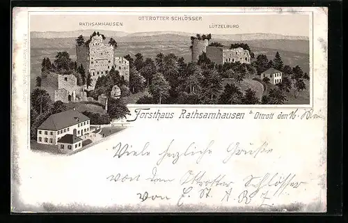 Lithographie Ottrott, Gasthof Forsthaus Rathsamhausen, Ottrotter Schlösser