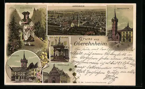 Lithographie Oberehnheim, Teilansicht, Fruchthalle, Kappelthurm