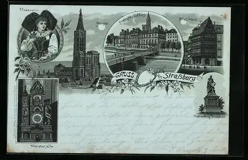 Mondschein-Lithographie Strassburg, Münster, Elsässerin, Altes Haus