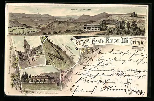 Lithographie Mutzig, Stadtthor, Vogesenblick, Schloss