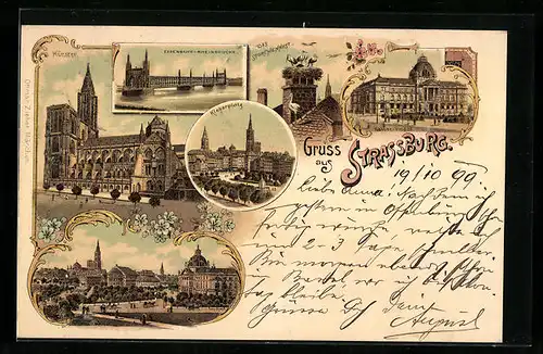 Lithographie Strassburg, Kaiser-Palast, Münster, Ortspartie