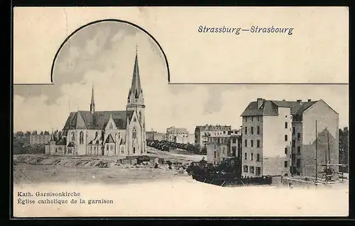 AK Strassburg, Ortsansicht mit Kath. Garnisonkirche