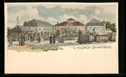 Lithographie Carspach-Sonnenberg, Ortsansicht mit Zug und Kneipe Bad Sonnenberg