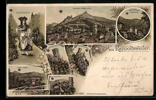 Lithographie Rappoltsweiler, Dusenbach Kapelle, Elsässerin in Tracht, St. Ulrich