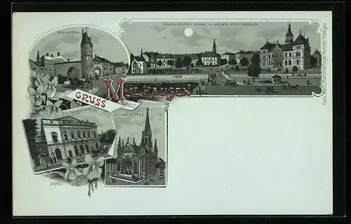 Mondschein-Lithographie Mülhausen, Bollwerk, Rhein-Rhone Kanal u. neues Postgebäude, Theater