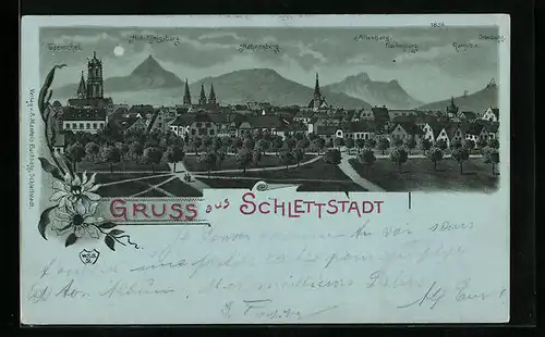 Mondschein-Lithographie Schlettstadt, Ortsansicht mit Umland