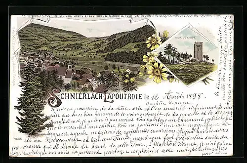 Lithographie Schnierlach-Lapoutroie, Ortsansicht, Tour de Faudé