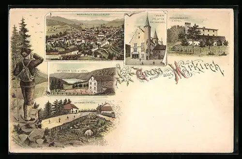 Lithographie Markirch, St. Diedeler Höhe, Weisser See u. Hotel, Thurm des alten Rathhauses